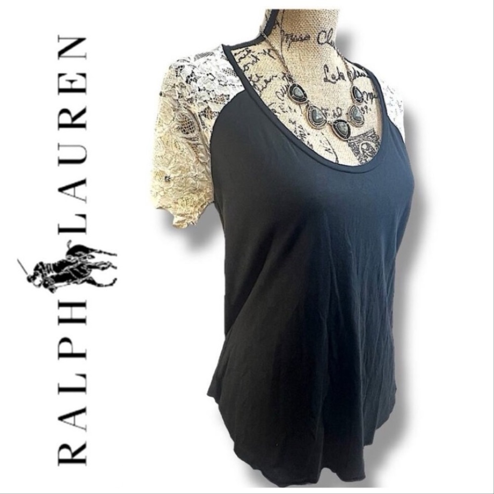 RALPH LAUREN VTG Black & Ivory Lace Sleeves Rhinestones & Beads Top 1X RARE FIND